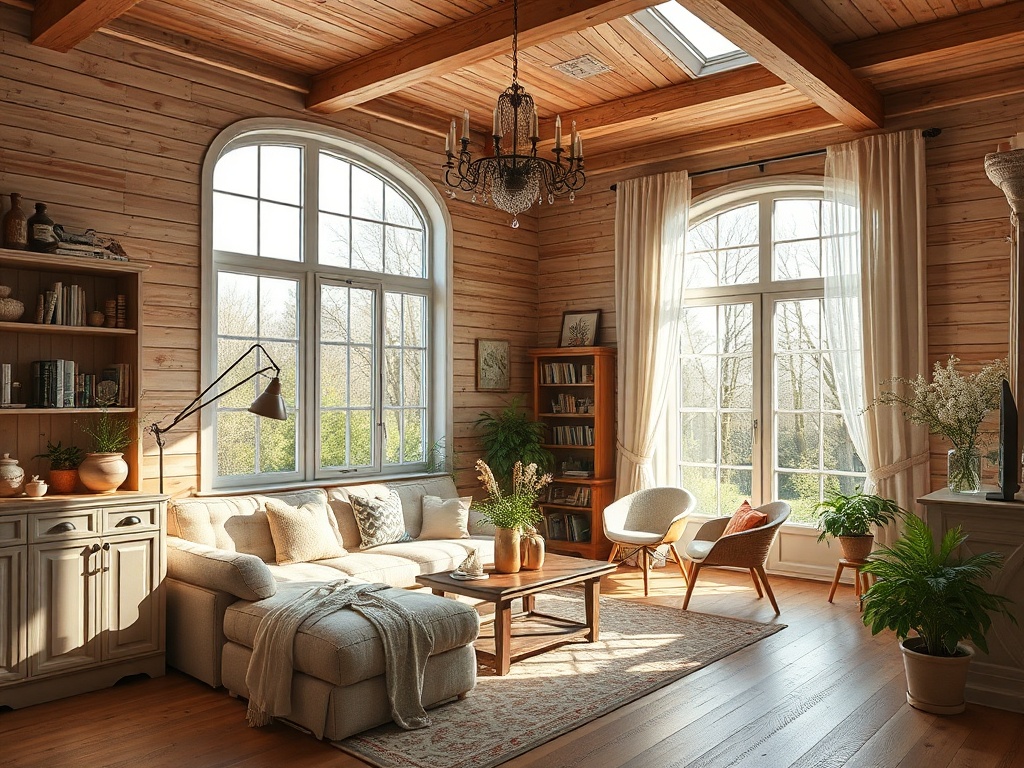 Уютная гостиная с большими окнами, мягкой мебелью и зелеными растениями на фоне деревянных стен.