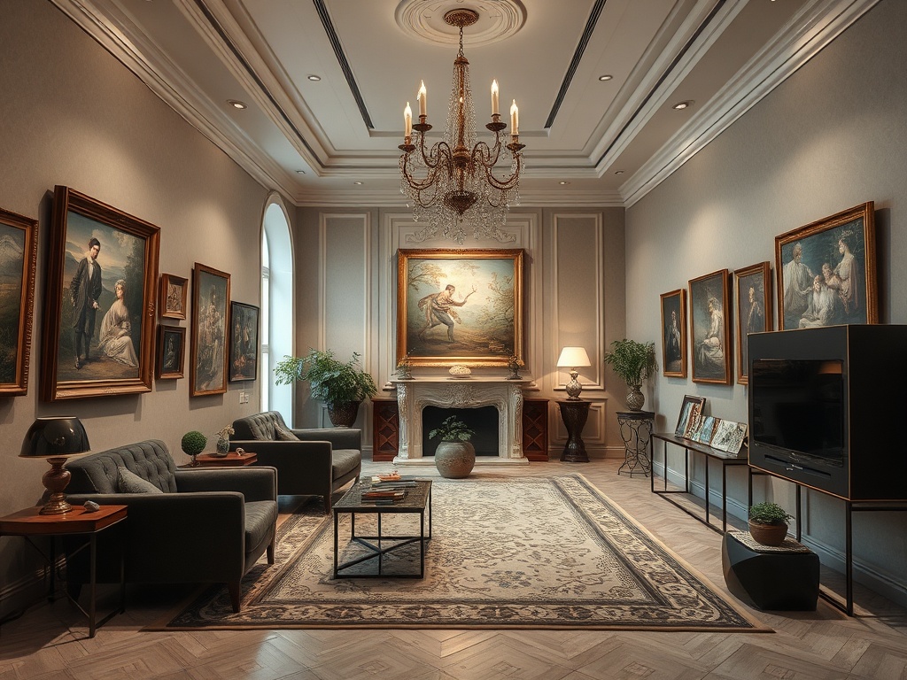 Элегантная гостиная с живописными картинами, уютной мебелью и стильными светильниками.