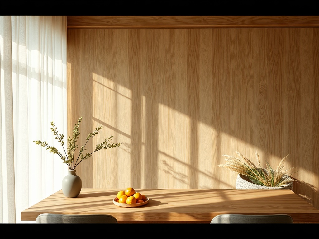 Солнечный стол с фруктами, вазой с зелеными ветками и декоративным растением на деревянной стене.