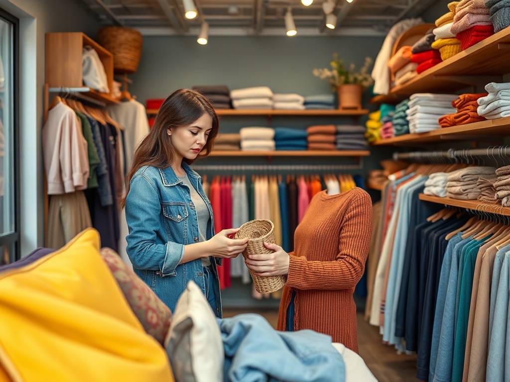 Две женщины в магазине обсуждают покупки, окруженные одеждой и текстилем на полках.