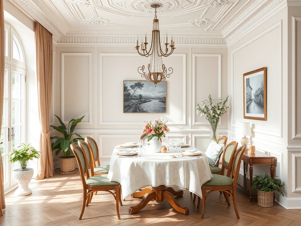 Светлая столовая с круглым столом, стульями и цветами, оформлена в классическом стиле.