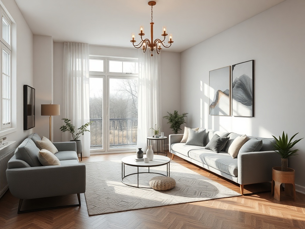 Светлая гостиная с двумя диванами, журнальным столиком и большими окнами, выходящими на природу.