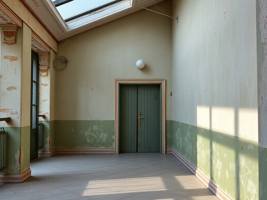 Пустая комната с высоким потолком и дверью, покрашенной в зелёный цвет. Свет проникает через стеклянный потолок.