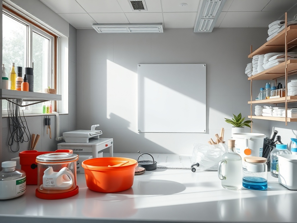 Светлое помещение с инвентарем, емкостями и полкой с полотенцами и косметикой. Окно слева, белая доска.