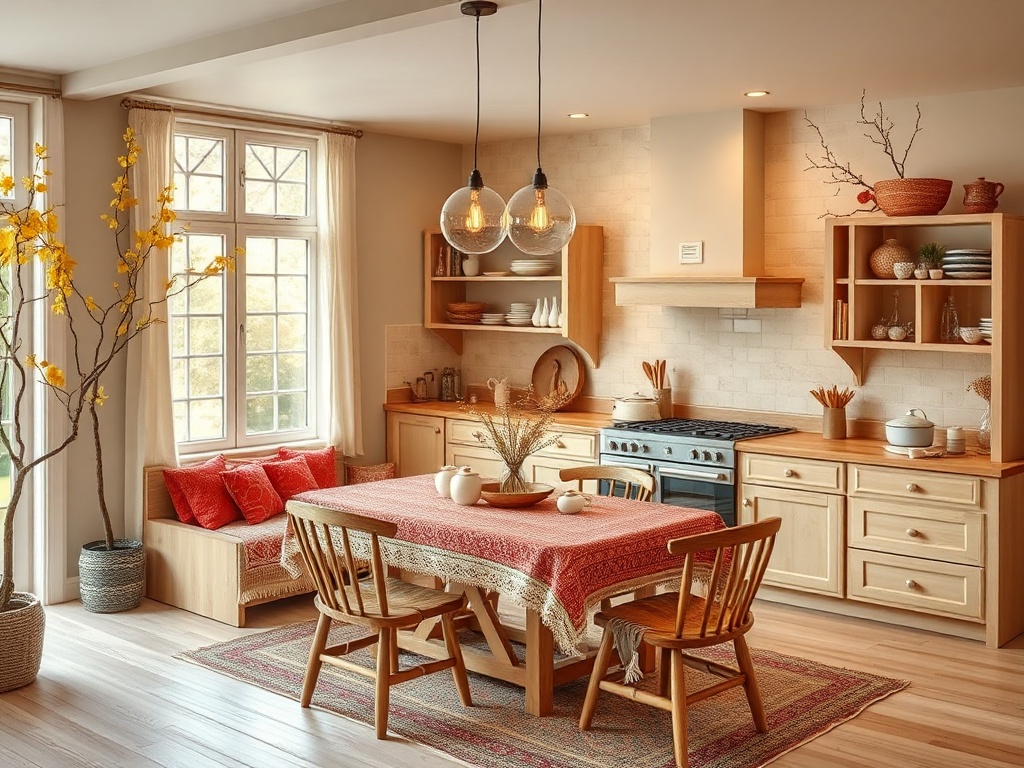 Современная кухня с деревянной мебелью, обеденным столом и уютным уголком для отдыха. Яркие акценты.