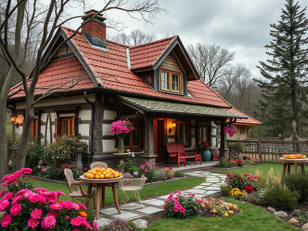 Уютный дом в лесу, окруженный цветами и зеленью, с каменной дорожкой и яркой мебелью на веранде.