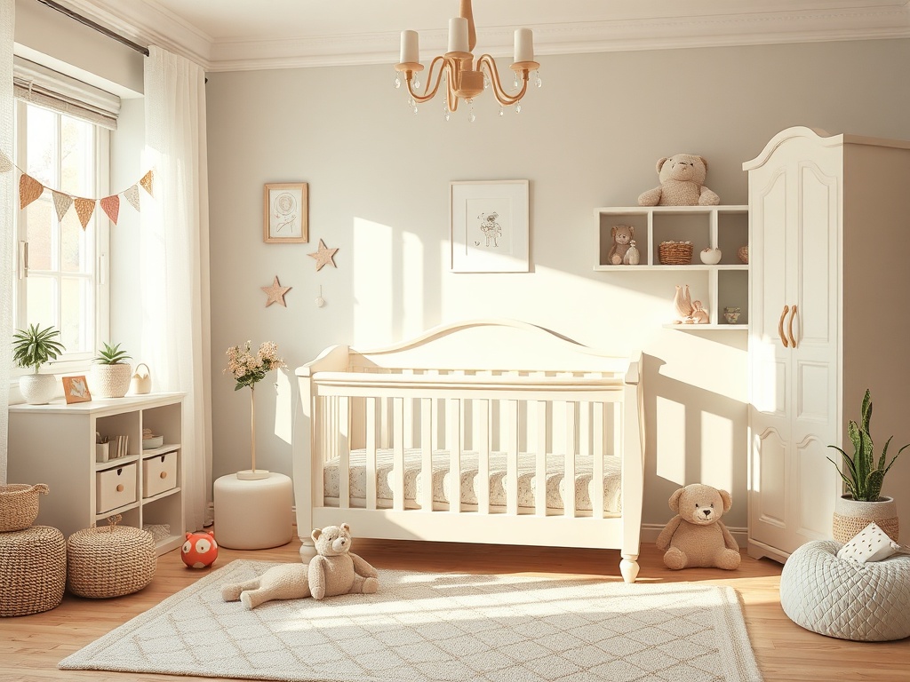 Светлая детская комната с кроваткой, мягкими игрушками и уютным декором. Теплый свет и спокойная атмосфера.