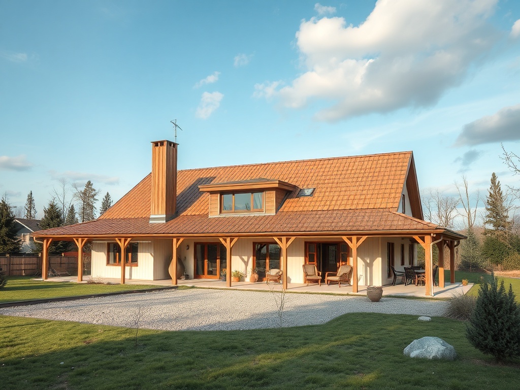 Современный загородный дом с крышей из черепицы и верандой, окружённый зелёным газоном и деревьями.