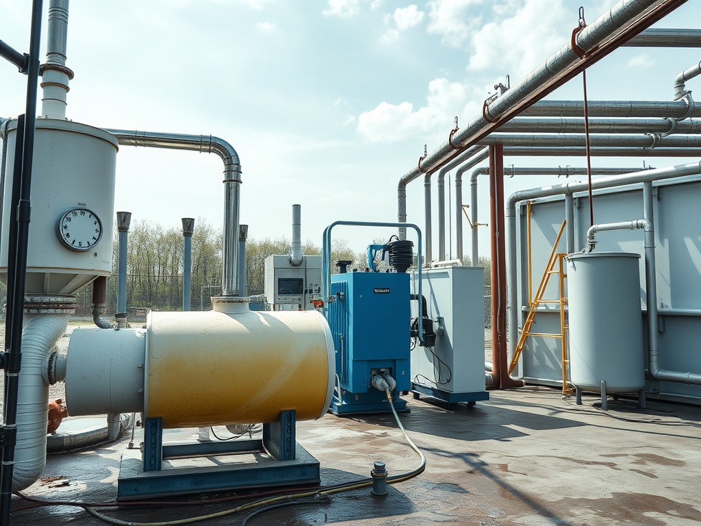 На фото видно оборудование на промышленной площадке, включая насосы и трубопроводы под открытым небом.