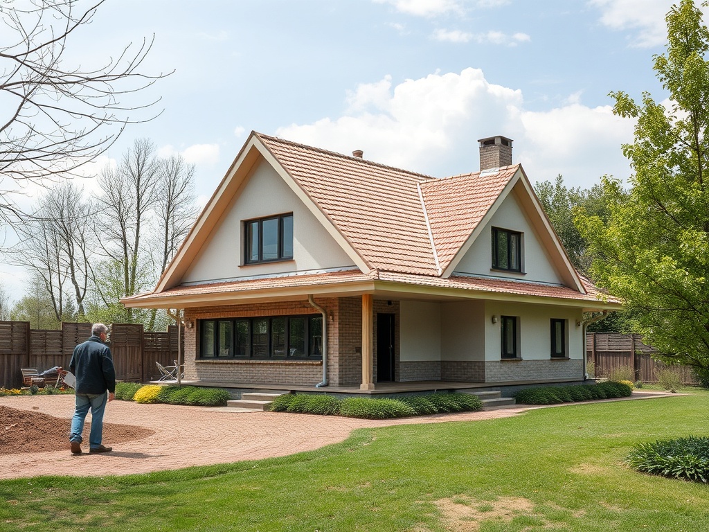 Дом с крышей из черепицы, ухоженный газон и деревья вокруг. Мужчина стоит рядом с домом.