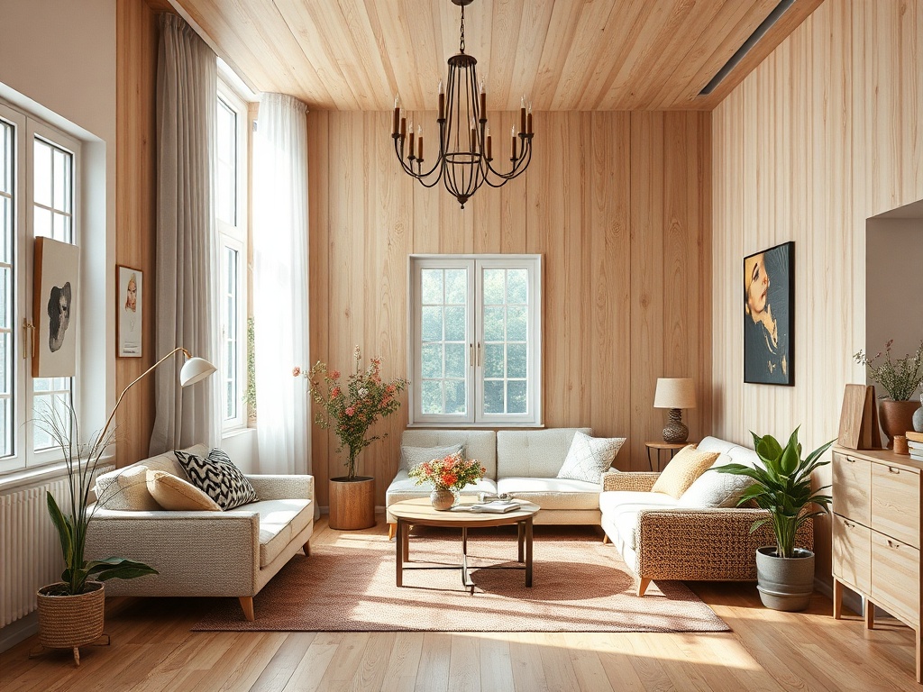 Современная гостиная с деревянными стенами, уютной мебелью и зелеными растениями на фоне больших окон.