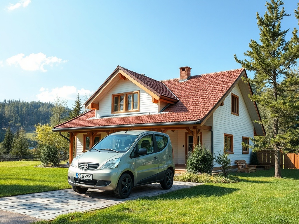 Светлый дом с красной крышей и автомобилем на ухоженном газоне в солнечный день. Лес на фоне.
