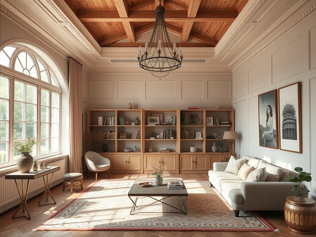 Уютная гостиная с деревянным потолком, книжными полками и мягкой мебелью, наполненная светом.