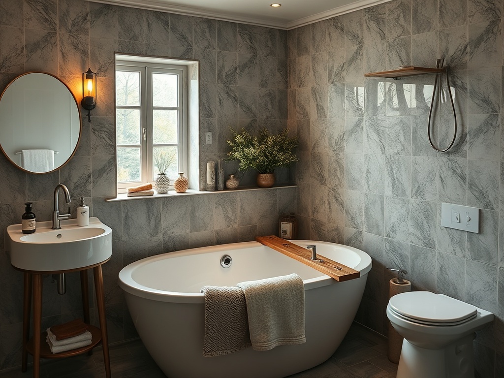 Стильная ванная комната с ванной, умывальником и окном, оформленная в серых тонах и деревянными элементами.