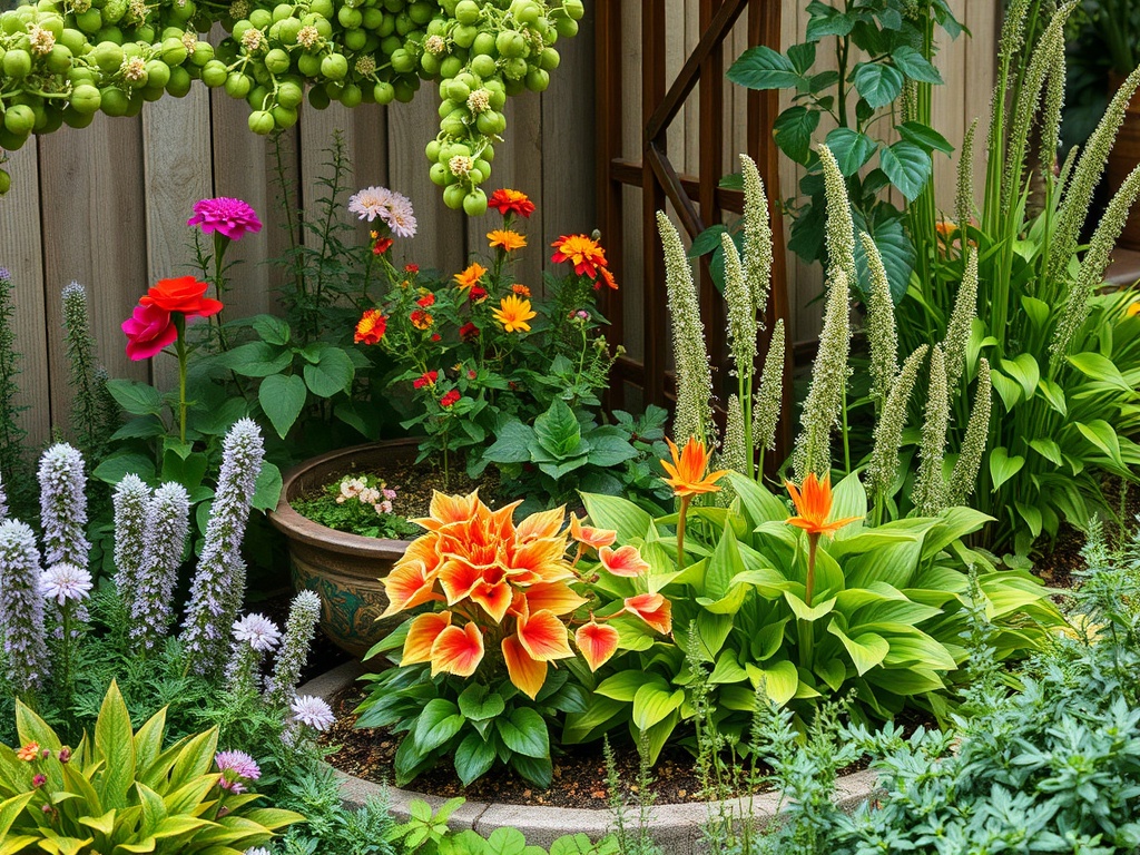 Цветущий сад с различными цветами и зелеными виноградными гроздьями на фоне деревянной стены.