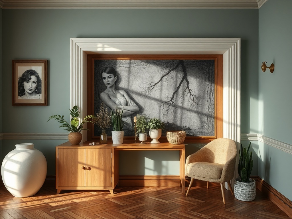 Современный интерьер с деревянной мебелью, растениями и картиной на стене. Уютная атмосфера и мягкий свет.