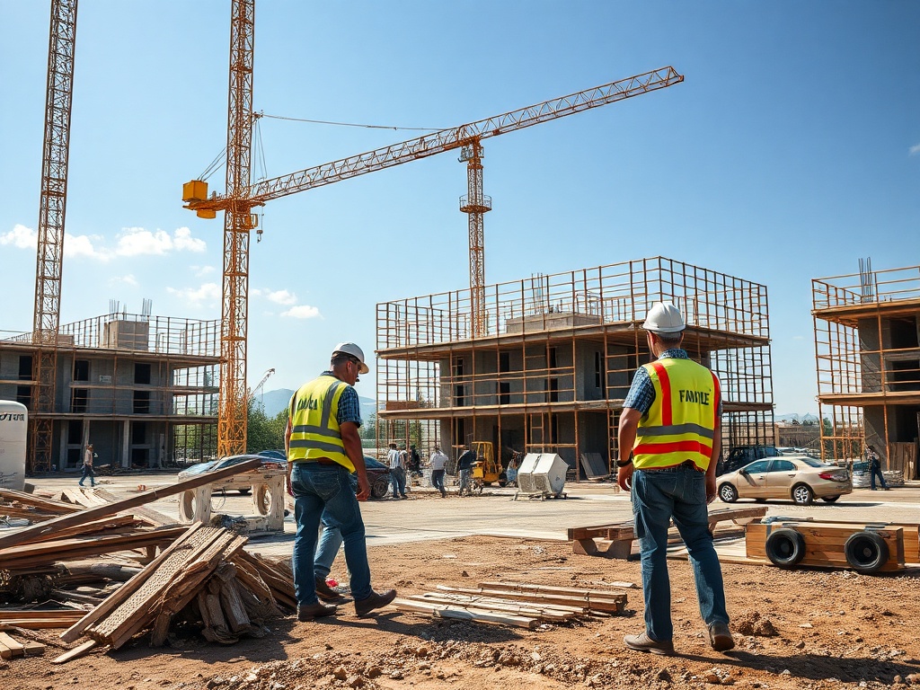 Строительная площадка с рабочими в жилых жилых зонах и башенными кранами под ясным голубым небом.