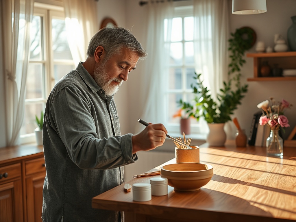 Пожилой мужчина рисует на керамической посуде в светлом уютном интерьере с зелеными растениями.