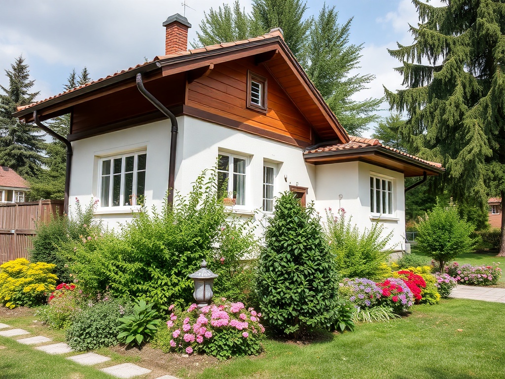 Уютный дом с белыми стенами и деревянной крышей, окруженный зелеными насаждениями и цветами.