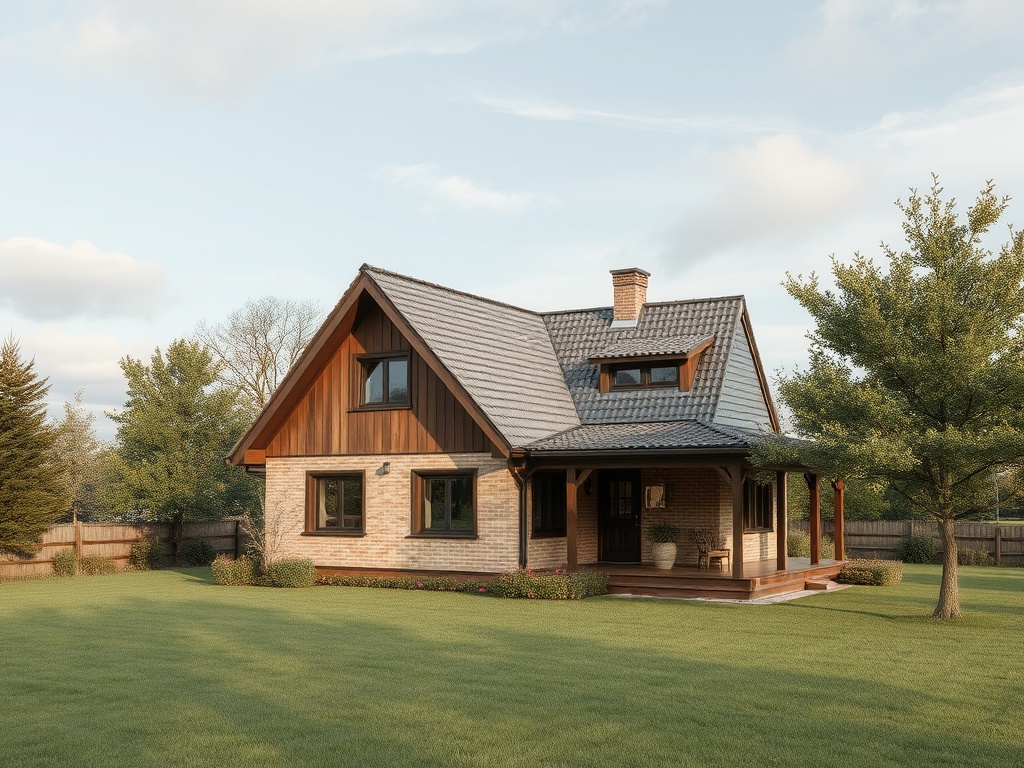 Современный деревянный дом с газоном и деревьями на фоне ясного неба.
