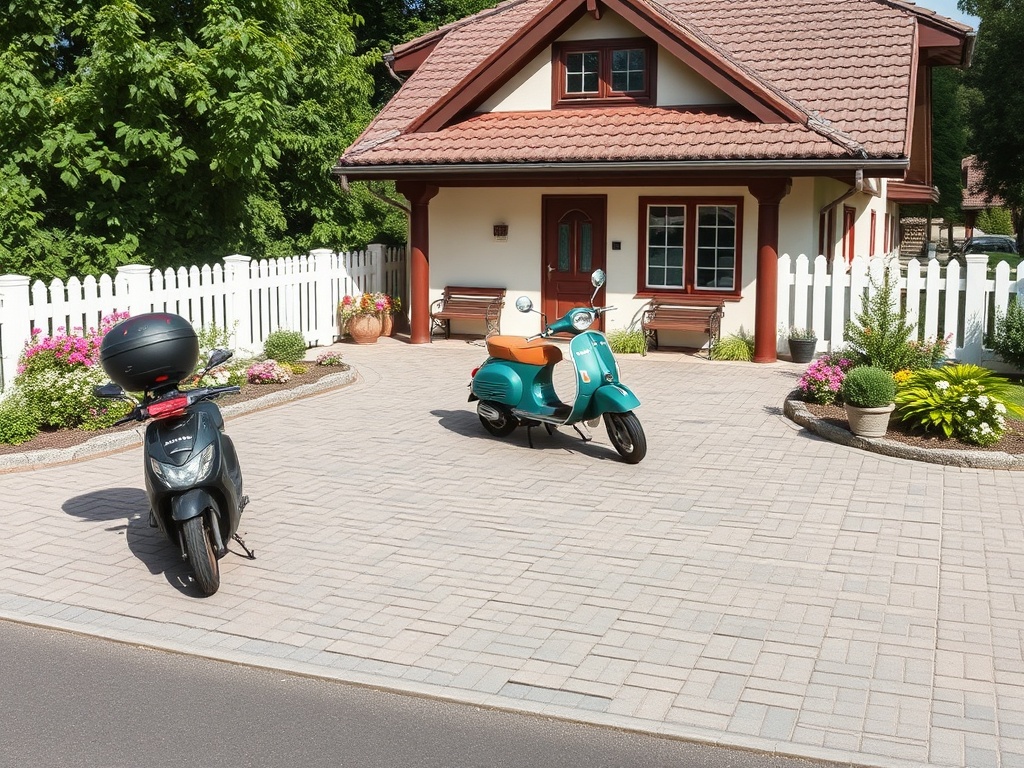 Два скутера на мощенной парковке перед домом с цветами и белым забором. Солнечный день.