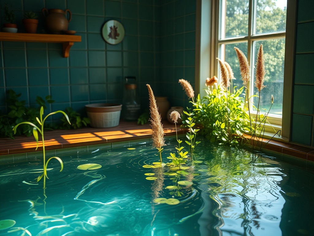 Ванная комната с зелеными растениями и водой, залитая солнечным светом через окно. Спокойная атмосфера.