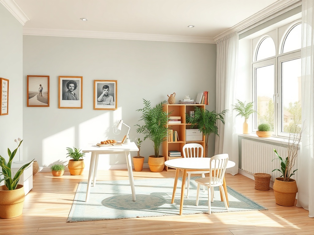 Светлая комната с деревом, столом, стульями и растениями. На стенах висят фотографии в рамках.