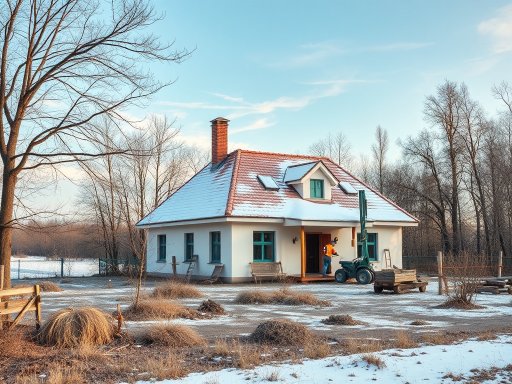 На изображении загородный дом с красной крышей, окружённый зимним пейзажем и деревьями.