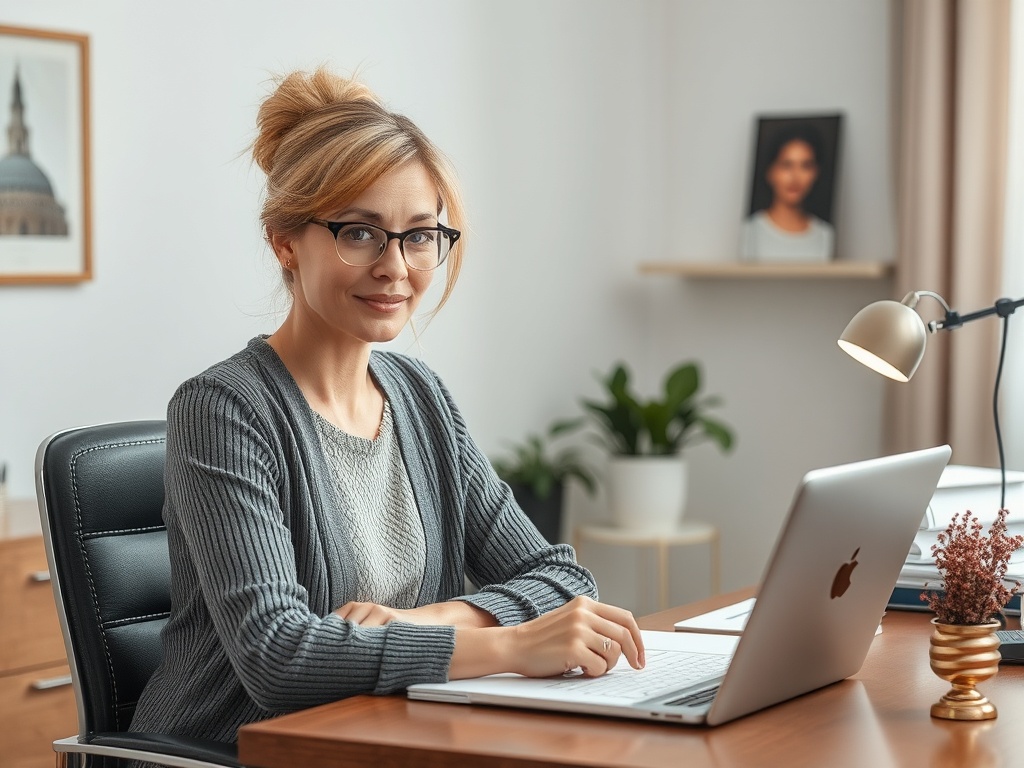 Женщина с очками сидит за столом с ноутбуком в современном офисе, улыбаясь в камеру.