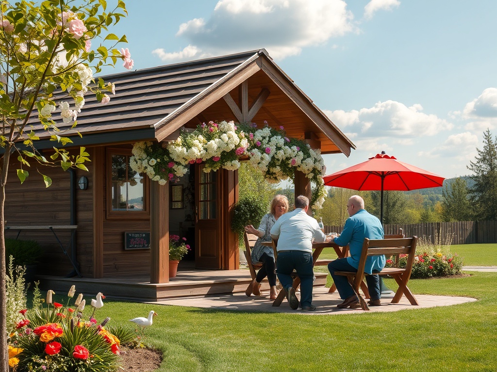 На уютной веранде деревянного домика сидят трое человек, беседуя и наслаждаясь солнечной погодой.