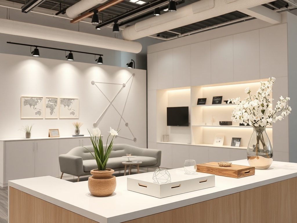 Современный офис с мягкой мебелью, зелеными растениями и стильными декорациями на стенах.