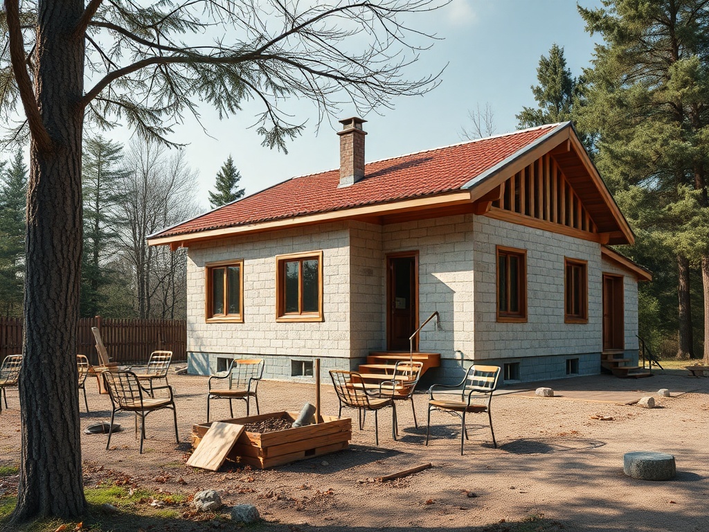 Современный дом из камня с мансардой, окружённый стульями на открытом воздухе и деревьями.