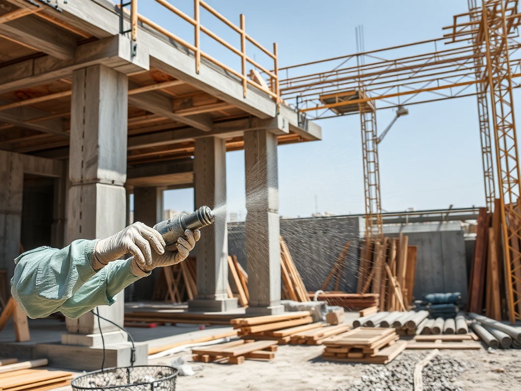 Рабочий на строительном объекте использует распылитель для обработки конструкции. Строительные материалы вокруг.