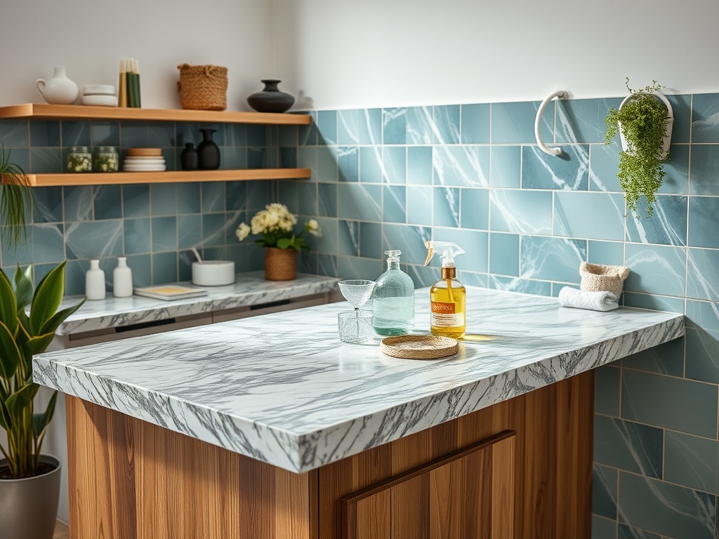 Современный туалет с мраморной столешницей, стеклянными бутылками и зелеными растениями на фоне.